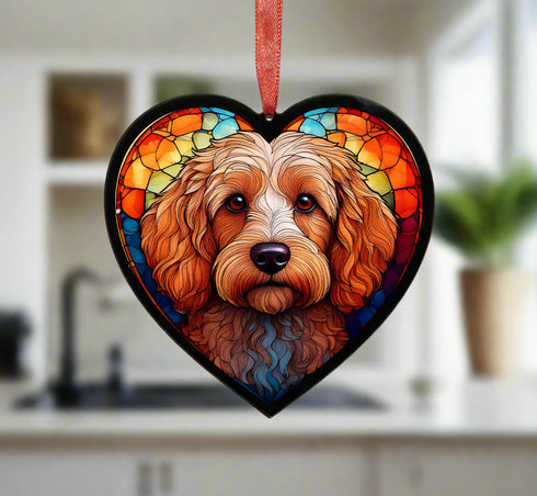 Cockapoo Apricot Stained Glass Effect Heart Suncatcher